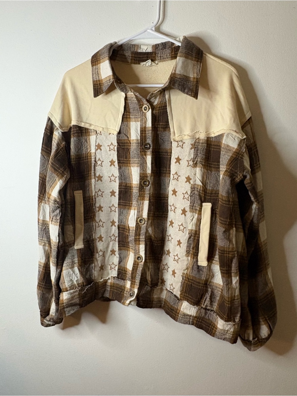 POL Cream Yoke Brown Plaid Jacket with Star Panels